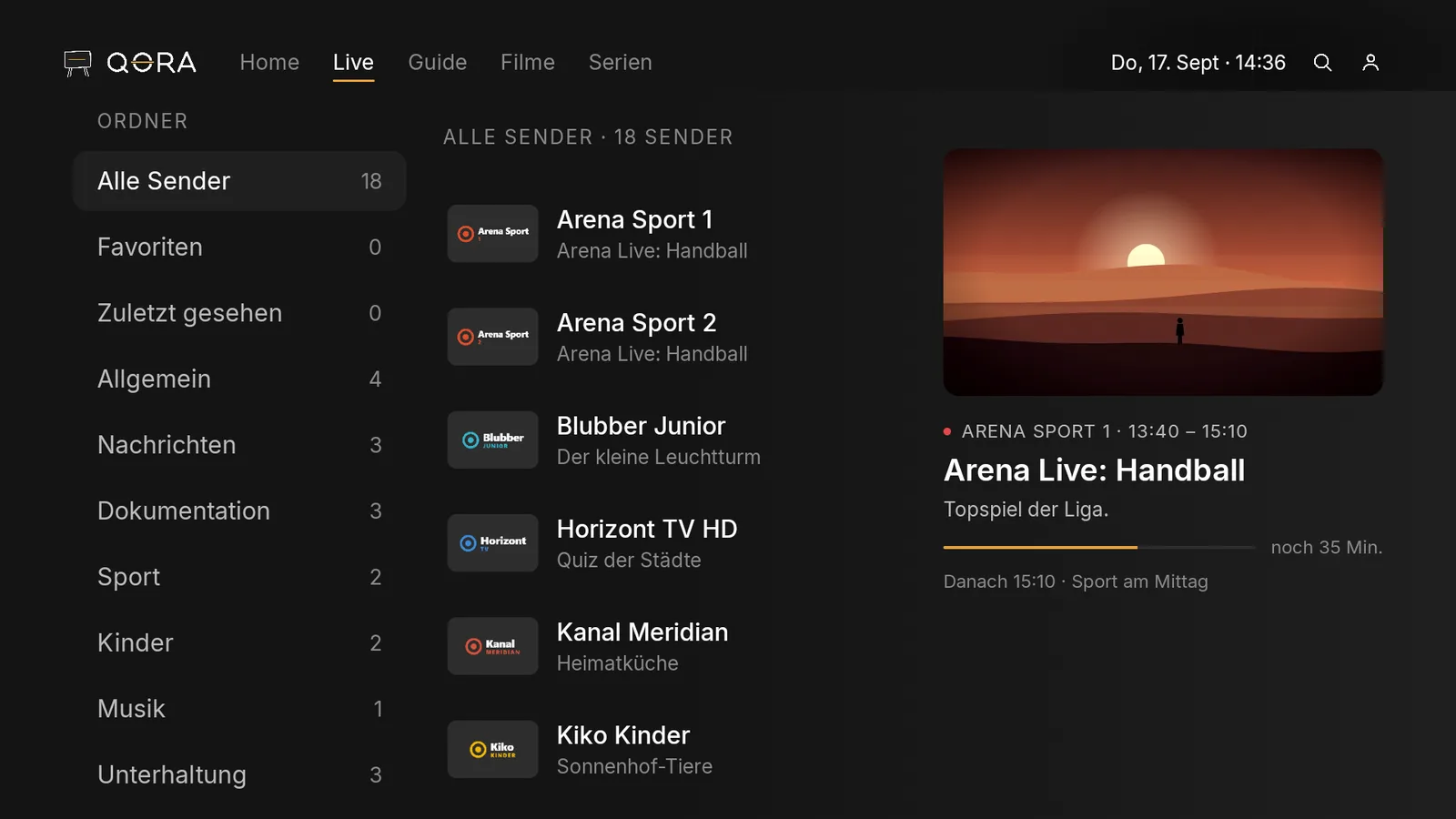 Live-Ansicht mit Programmleiste, laufende Sendung markiert