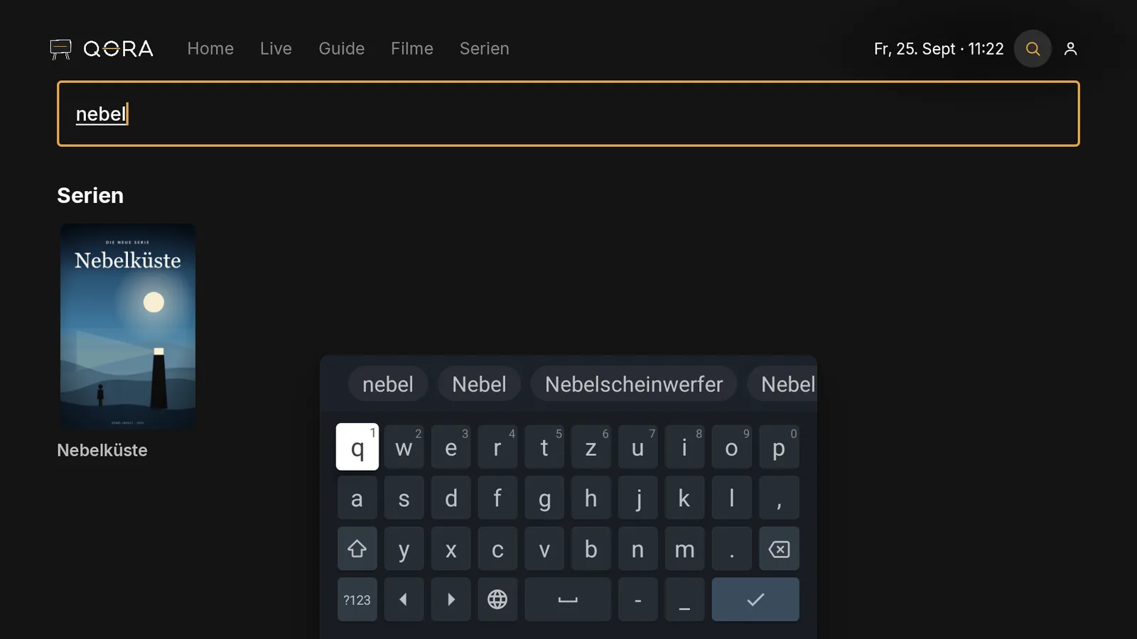 Suche mit Tastatur am Fernseher und Ergebnissen
