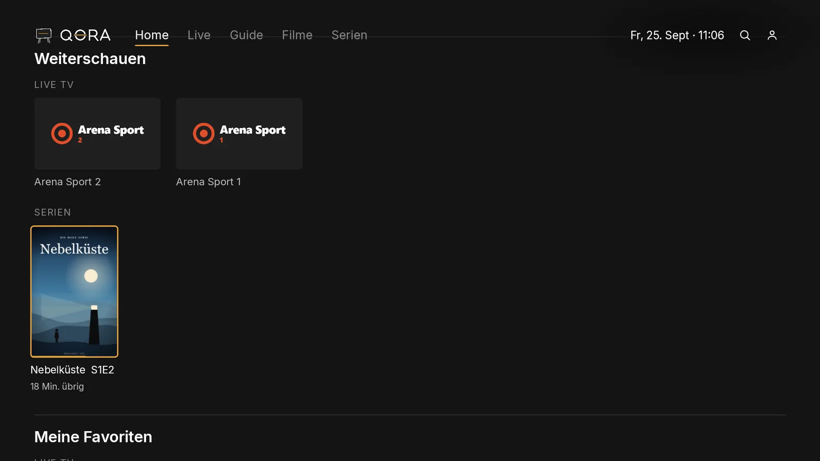Startseite der App am Fernseher, Reihe „Weiterschauen“ oben, eine Kachel mit Fortschrittsbalken